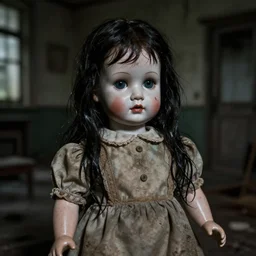 closeup portrait of a creepy antique porcelain doll wearing a dirty dress with long wet black hair standing in a dimly lit filthy room in an abandoned old asylum at night, 8k octane render, cinematic, dramatic lighting, volumetric lighting, vintage photo