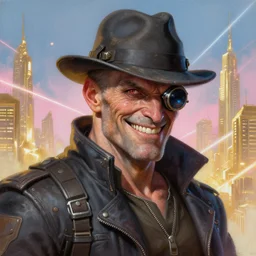 an intimate portrait of a gnarly human cyberpunk captain, old skin, faded fedora, charming, strong leader, metal eye piece, a look of cunning, big smile, detailed matte fantasy painting, golden cityscape, lasers, sparks, pink and blue and white