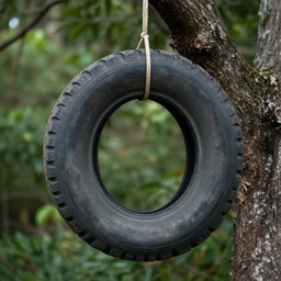 sad rubber tire hanging from a tree from a noose