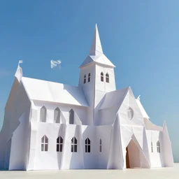 an origami cathedral viewed from outside, made of paper, blue sky, photorealistic, hd