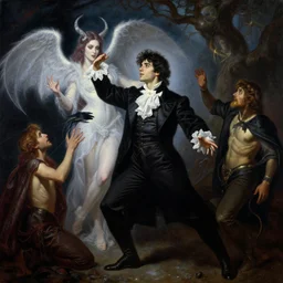 attractive magician casts dark spell, summoning attractive lucifer morningstar. highly detailed painting by gaston bussiere, craig mullins, j. c. leyendecker 8 k