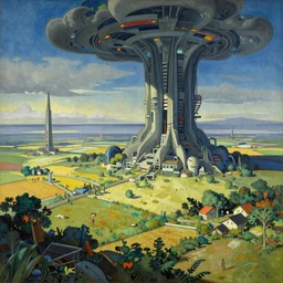 A beautiful landscape painting of dystopian future by Alfons Maria Mucha and Yoshitaka Amano and ted nasmith