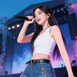 Asian female rapper performing at huge festival holding microphone, epic angle, digital art, vapor wave, hip hop, trending on Artstation, professional artist, detailed, 4k