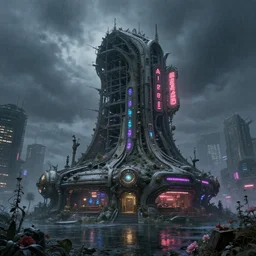unfinished building by eero saarinen, sci - fi tundra azeroth steampunk neon signs sleet darkacademia otherworldly postcyberpunk reclaimed by nature cgsociety at dusk water galactic scumm bar studio ghibli apocalyptic evil nightvision gem tokyo landscape flowers vice city, archdaily, wallpaper, highly detailed, trending on artstation.
