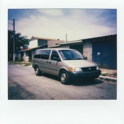 rap album cover, polaroid of a minivan on a decrepit street