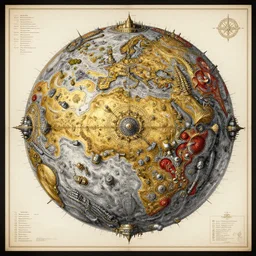 highly detailed labeled atlas map poster of a synthetic planet, heraldic, detailed, paper drawing, fractal structure, golden, silver and crimson ink, factories and nature, intricate details, warhammer