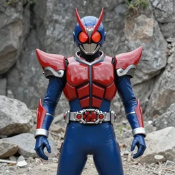 High Fantasy Kamen Rider, red and blue color scheme, 4k, rock quarry, glowing eyes, daytime, rubber suit, dragon inspired pvc armor
