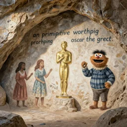 “ an primitive cave painting of humans worshipping oscar the grouch. ”