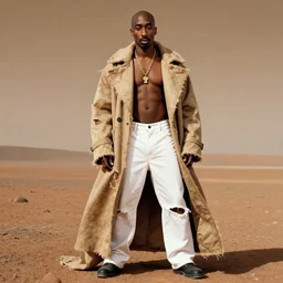 an aesthetic 8 k futuristic official photograph of tupac shakur posing shirtless on mars wearing a huge torn up light brownish coat and y 2 k white pants