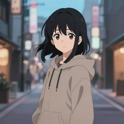 black haired girl wearing hoodie, city, anime epic artwork, kyoto animation, key visual