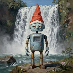 “weird Surrealist painting of a robot with a gnome hat in front of a waterfall, by Magritte”