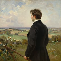 Painting of a victorian gentleman overlooking countryside. High resolution in the style of John Constable.
