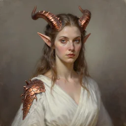A detailed oil portrait of an elf woman with small horns of copper and copper dragon scales covering her arm and neck wearing a simple white robe, by greg rutkowski, trending on artstation, dungeon and dragons art