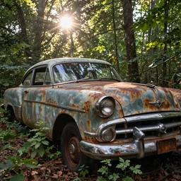 Photograph of an abandoned rusty 1950's Buick in a forest, overgrown with vegetation, sun shining through the trees, backlit, crepuscular rays, 8k, ultra detailed close up