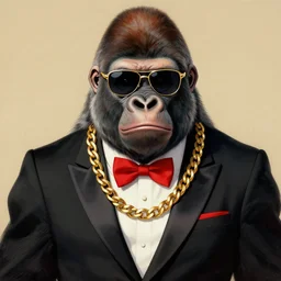 a ukiyo style painting of a gorilla wearing a gold chain and wearing shades and wearing a nice black tuxedo wearing a red bow tie, highly detailed, 8 k, concept art,