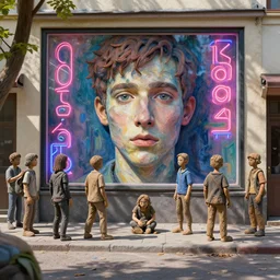 people made of plastic and clay, neon advertisements, 3 d, exterior street, portrait face, dappled light, in the style of jeremy enecio, miles johnston, monet, cynical realism, yoshitaka amano, louise zhang, matt murphy, enes dirig, pekka halonen, finnish naturalism, realism