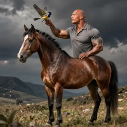 Spotted brown horse with the head of Dwayne Johnson wielding a sparrow