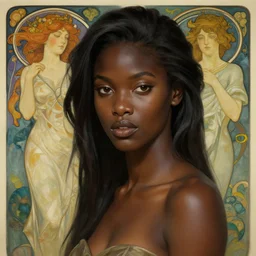 A beautiful black female, highly detailed, digital painting, artstation, concept art, smooth, sharp focus, illustration, Unreal Engine 5, 8K, art by Ross Tran and greg rutkowski and alphonse Mucha
