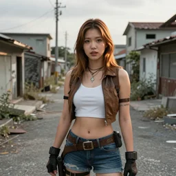 Beautiful Asian girl cosplaying as the Fallout 4 sole survivor, photographed on a slight overcast day on dilapitated street on Ikeshima island, Nikon D7100 with a Nikon 50mm F1.8, a Nikon 85mm F1.8, Golden hour, expressive face,