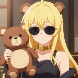 2 anime egirl, with golden choker around neck, with sunglasss, with bear in right hand