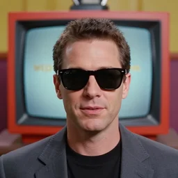 color film still of portrait of max headroom wearing sunglasses, 3 d background, television, wlop, artgerm, craig mullins,