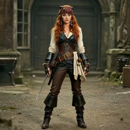 full body  photograph of emma stone as a  steampunk pirate.  Extremely detailed. 8k