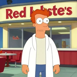 hyper-realistic Dr. Zoidberg Futurama posing in front of a Red Lobster restaurant