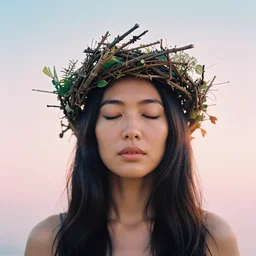 A analog head and shoulder frontal portrait photography of an asian woman wearing an intricate twig crown by Annie Leibovitz. Long hair. eyes closed. soft gradient pastel color background. Backlit. Kodak Color Plus 200 film. Tropical mood. detailed. hq. realistic. warm light. muted colors. lens flare. photoreal. Leica M9.