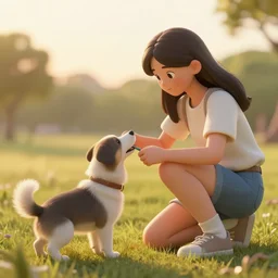semirealistic digital art of a girl playing with a dog, golden hour, detailed