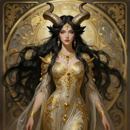 fullbody!! of a beautiful woman with long black hair, big natural horns on her head, long flowing intricate dress, gold jewellery, dnd, face, fantasy, intricate, elegant, highly detailed, digital painting, artstation, concept art, smooth, sharp focus, illustration, art by artgerm and greg rutkowski and alphonse mucha