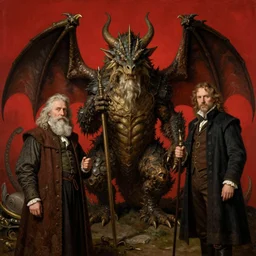 Solomon Joseph Solomon and Richard Schmid and Jeremy Lipking victorian genre painting portrait painting of a old rugged dragon wizard huge dragon from the hobbit , red background