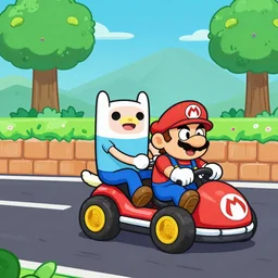 adventure time Finn & Jake riding Mario karts level, cartoon video game graphics