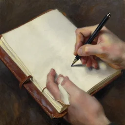 dark oil painting of hands furiously scribbling in a leather vintage notebook