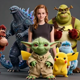 emma watson godzilla yoda donkey kong pikachu yeti shrek fairy homer groot waluigi darth vader mike wazowski, highly detailed, extremely high quality, hd, 4 k, 8 k, professional photographer, 4 0 mp, lifelike, top - rated, award winning, cinematic, realistic, detailed lighting, detailed shadows, sharp, no blur, edited, corrected, trending