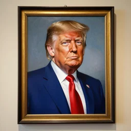 a presidential portrait of donald trump in the style of ken currie hanging on a wall at mar - a - largo