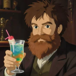 a magician from tolkien with beautiful eyes and a full beard holding a multicolored magic drink in a bar, highly detailed painting by studio ghibli and william adolphe bouguereau, nice lighting, smooth tiny details, soft and clear shadows, low contrast, perfect