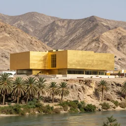 photo of a large golden contemporary museum, in a arid mountain, palm forest, cliff, river, rammed earth, windows, 5 floors, trees and vegetation, snohetta, golden stones and color palette, sun rays, golden hour atmosphere, 8 0 k, octane,