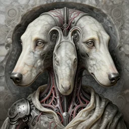 a human with dog head, tubular creature, blood vesels, dystopian surrealism, artstyle alex ries zdzisław beksinski, symmetry accurate features, very intricate details, high resolution, 4 k, symmetrical long head, smooth marble surfaces, detailed ink illustration, metal gear, cinematic smooth stone, deep aesthetic, concept art, post process, carved marble texture silk cloth, latex skin, highly ornate intricate details, in the style of wlop