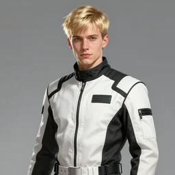 Portrait of a man by Greg Rutkowski, he is about 20 years old, polish, short blonde hair with bangs, attractive, smart looking, slim, somewhat androgenic, he is wearing a white and black utilitarian jumpsuit, highly detailed portrait, scifi, digital painting, artstation, concept art, smooth, sharp foccus ilustration, Artstation HQ