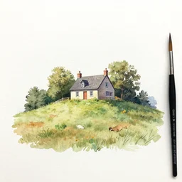 small centered on watercolor paper, paint brush strokes. realistic cottage on a tall hill, hyper real painting by chiara bautista karl kopinski kim jung giu and weta studio, and lucasfilm and jesper ejsing and norman rockwell greg rutkowski frank frazzeta