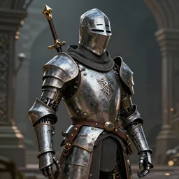 retrofuturism, medieval knight with cybernetic implants and futuristic devices, artstation, cgsociety