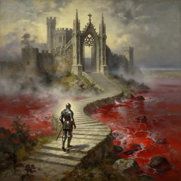 a gorgeous landscape painting by barlowe wayne, maxfield parrish and marco mazzoni. a lonely armed knight walks on the winding stone steps, a lonely magnificent gothic gate to the hell, 3 d, octane render, turbulent blood lake, fog, 8 k.