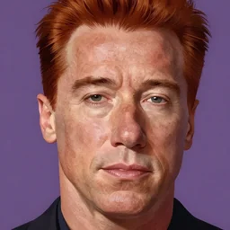 close up portrait of a Arnold Schwarzenegger with red hair and freckles, intricate, elegant. highly detailed, digital painting, artstation, concept art, smooth, sharp, focus, illustration. background is purple, art by artgerm and greg rutkowski and alphonse mucha,