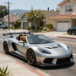 masterwork concept art car design, parked in sunny santa cruz neighborhood, detailed photograph of 9 0's need for speed street racer car in the style of a neon genesis evangelion, convertible car being driven a rilakkuma