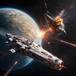 View from space of two planet-sized  space ships  battling in space, epic space battle , explosions , lazers , sci fi , concept art ,matte painting 4K Cinematic , battlestar galactica , Award winning, ultra high resolution, intricate details, UHD 8K