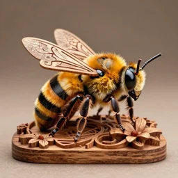 an intricately carved wooden model of a bumblebee, 8k, extremely detailed