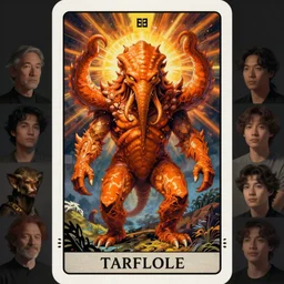 tarot card zoological portrait of orange cthulhu by kuldar leement and ruan jia and brad rigney and micha karcz and brad rigney
