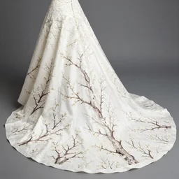 very realistic picture. wedding dress with train. patterns of the finest branches of trees from which flowers bloom. very clear image.