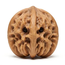 a stern round large walnut with two stern eyes and a mouth without a nose, white background, artgerm