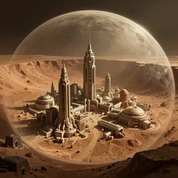 concept art of a futuristic city inside a domed martian crater by greg rutkowski, cinematic lighting, nostalgic atmosphere, artstation hq.